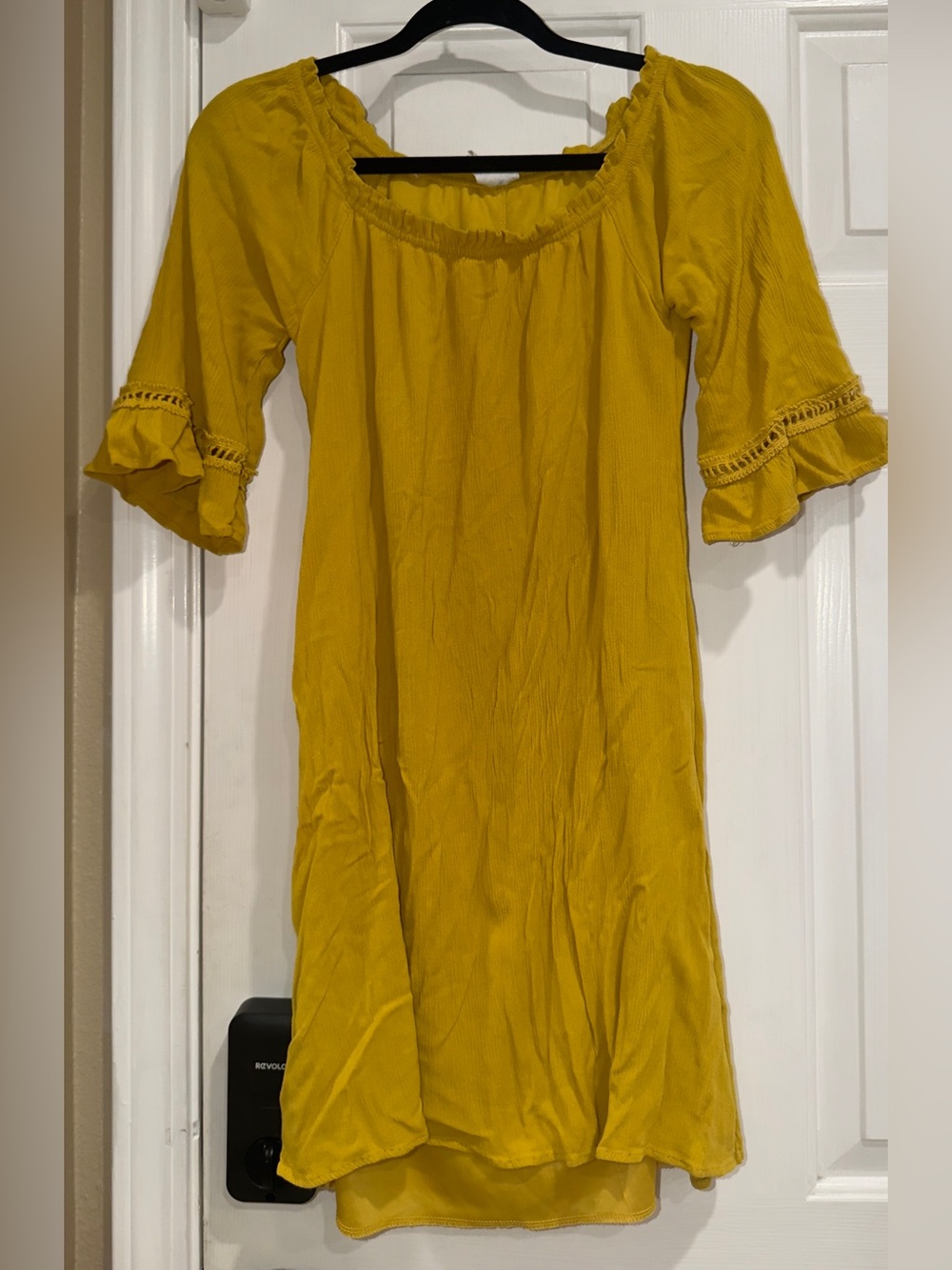 NAIF Mustard Yellow Off-Shoulder Midi Dress with Ruffle Sleeves
